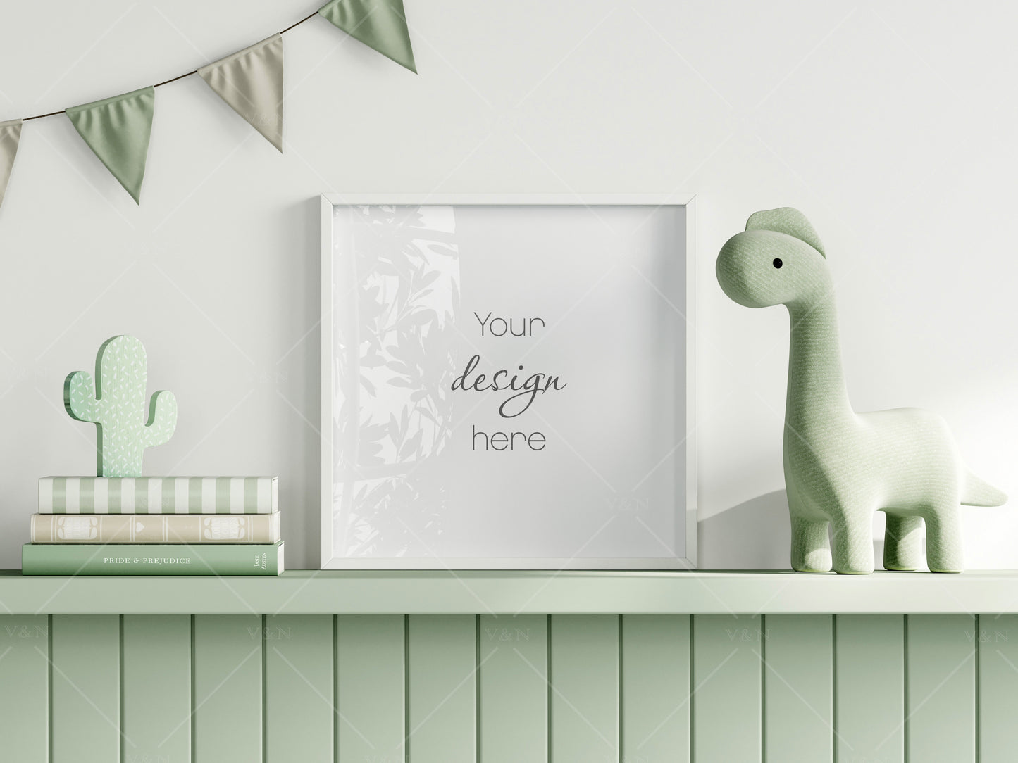 Square Frame Mockup in Green Kids Room Interior with Dinosaur, Frame Nursery Interior Wall Mockup, Minimalist Nursery Frame Mockup