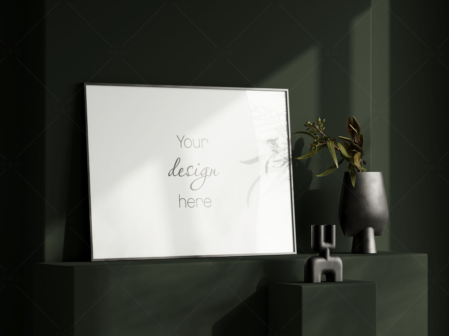 Horizontal Frame Mockup in Dark Modern Interior Room, Poster Mockup, PSD JPG