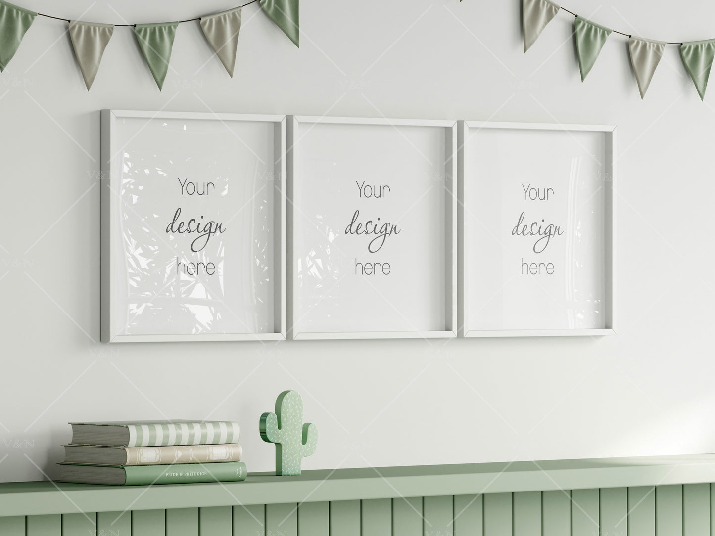 Frame Mockup in Green Kids Room Interior with Dinosaur, Frame Nursery Interior Wall Mockup, Minimalist Nursery Frame Mockup