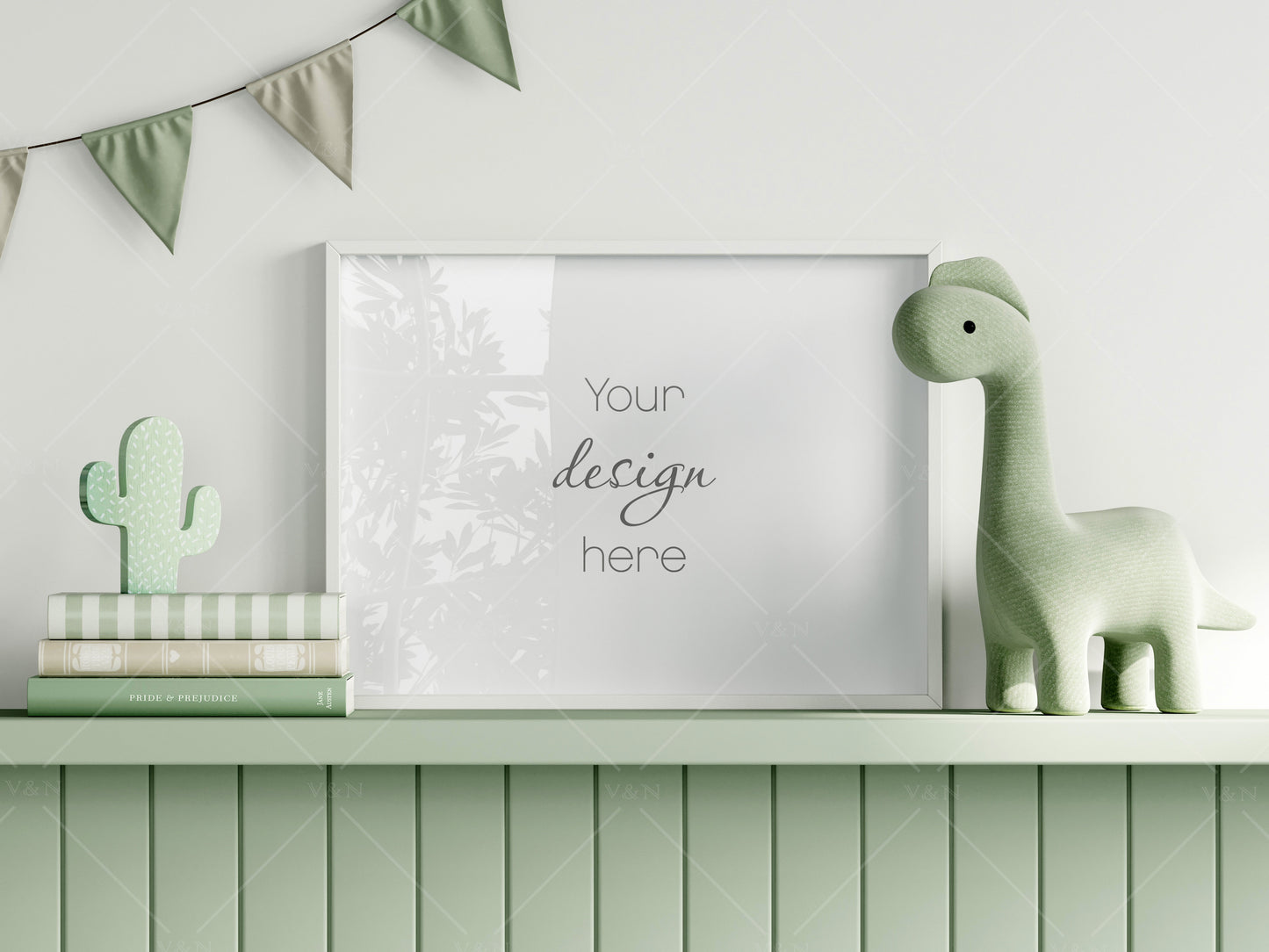 Frame Mockup in Green Kids Room Interior with Dinosaur, Frame Nursery Interior Wall Mockup, Minimalist Nursery Frame Mockup