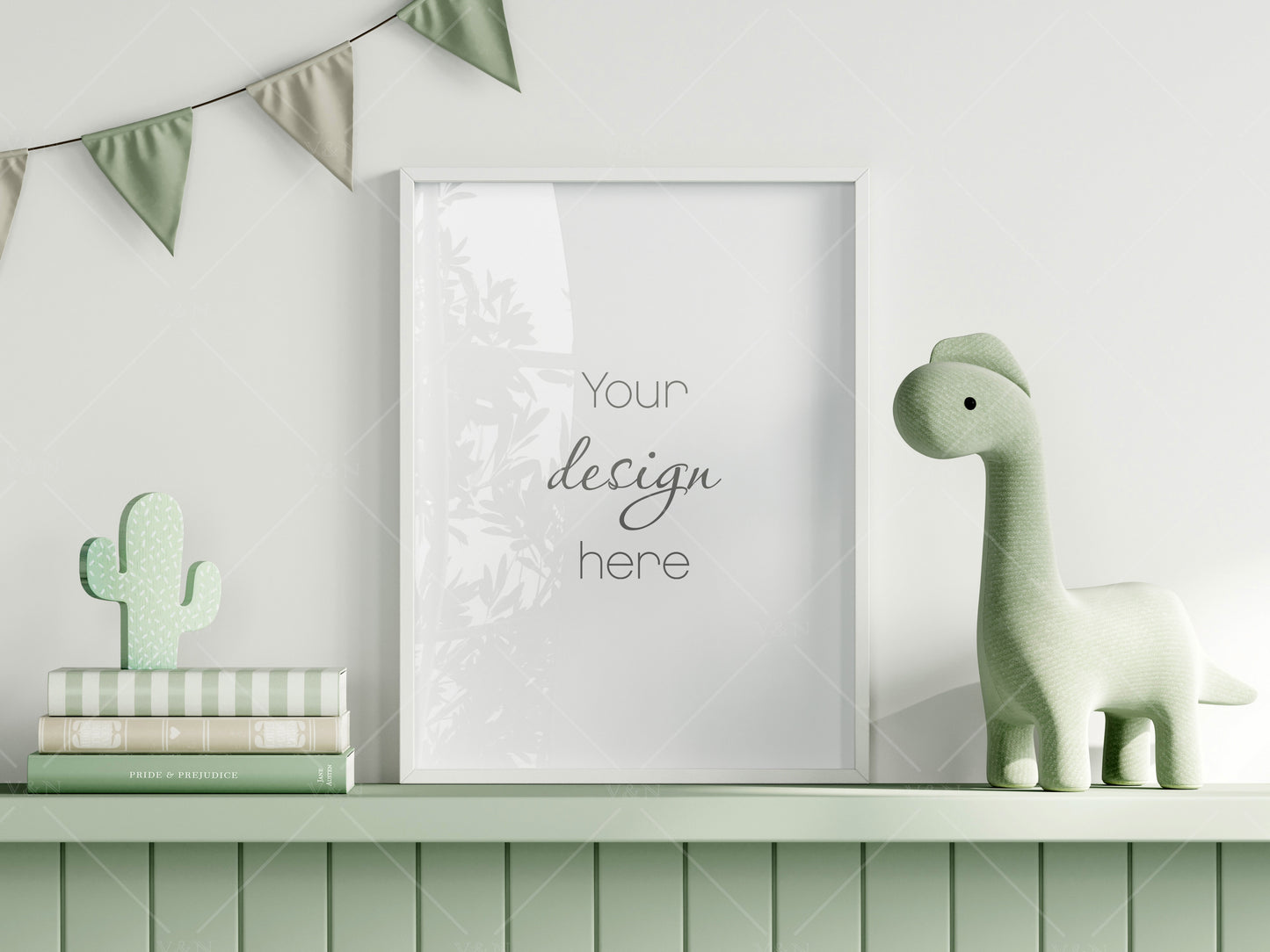 Frame Mockup in Green Kids Room Interior with Dinosaur, Frame Nursery Interior Wall Mockup, Minimalist Nursery Frame Mockup