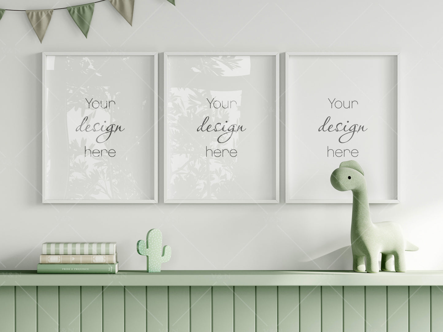 Frame Mockup in Green Kids Room Interior with Dinosaur, Frame Nursery Interior Wall Mockup, Minimalist Nursery Frame Mockup