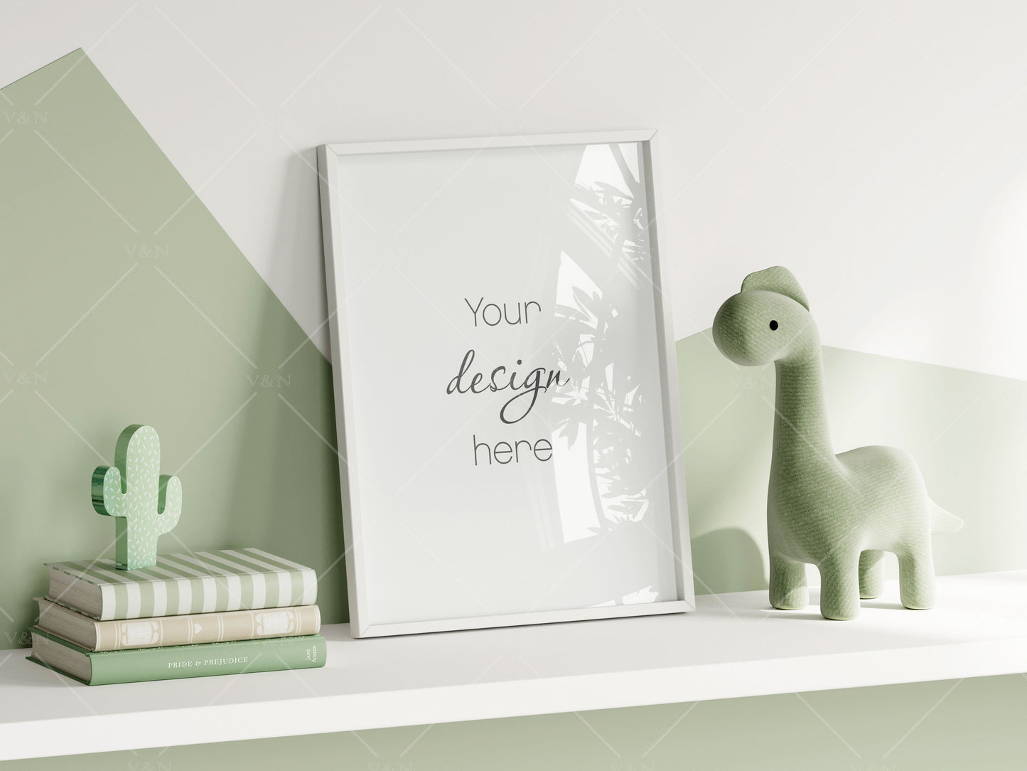 Frame Mockup in Green Kids Room Interior with Dinosaur, Frame Nursery Interior Wall Mockup, Minimalist Nursery Frame Mockup