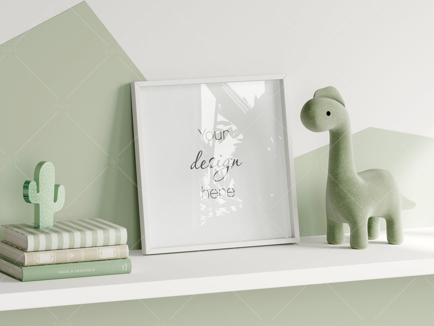 Square Frame Mockup in Green Kids Room Interior with Dinosaur, Frame Nursery Interior Wall Mockup, Minimalist Nursery Frame Mockup