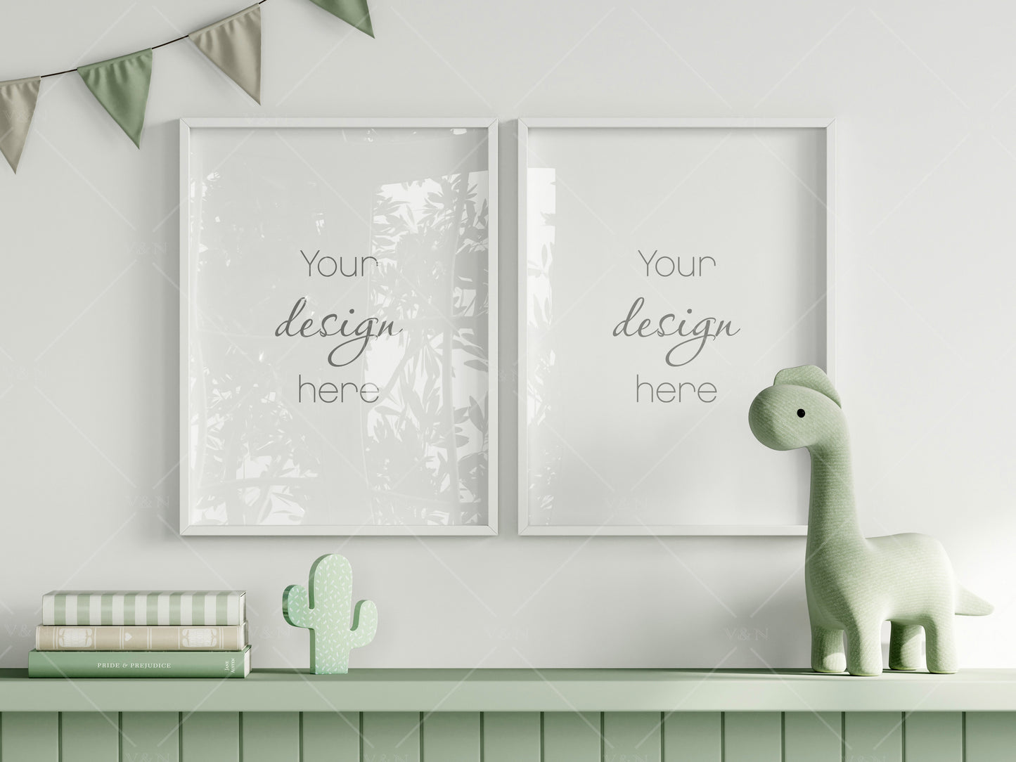 Frame Mockup in Green Kids Room Interior with Dinosaur, Frame Nursery Interior Wall Mockup, Minimalist Nursery Frame Mockup