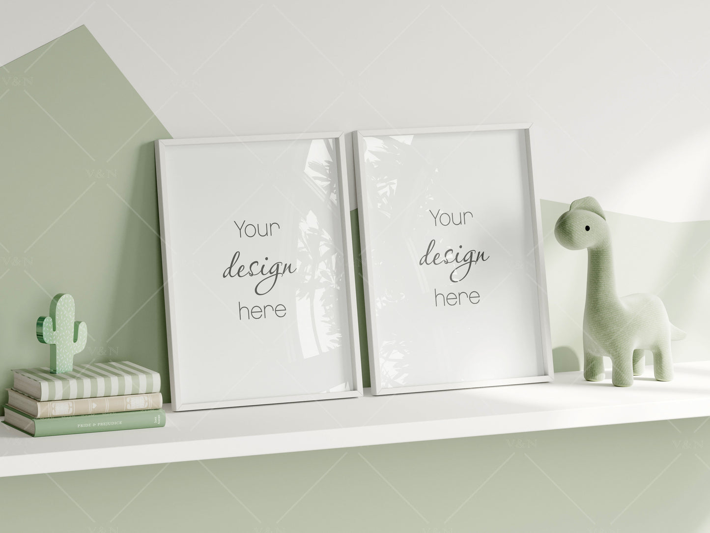 Frame Mockup in Green Kids Room Interior with Dinosaur, Frame Nursery Interior Wall Mockup, Minimalist Nursery Frame Mockup