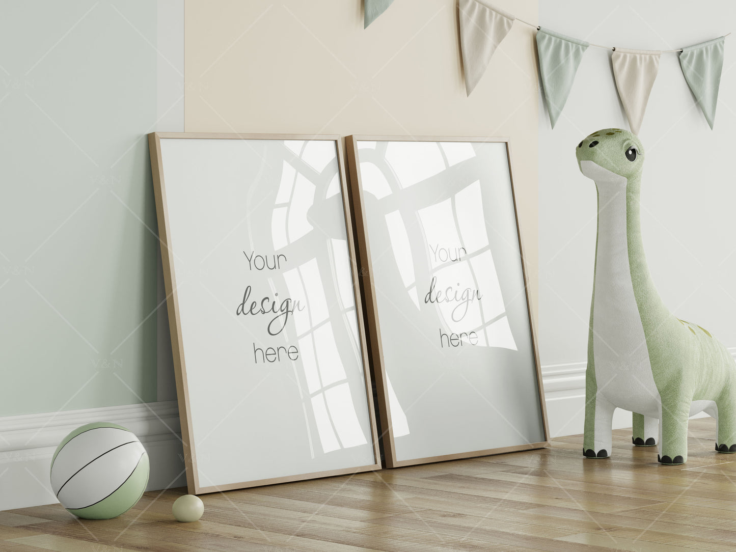 Frame Mockup in Modern Kids Room for Dinosaur prints, Portrait Frame Nursery Interior Wall Mockup, Minimalist Nursery Frame Mockup