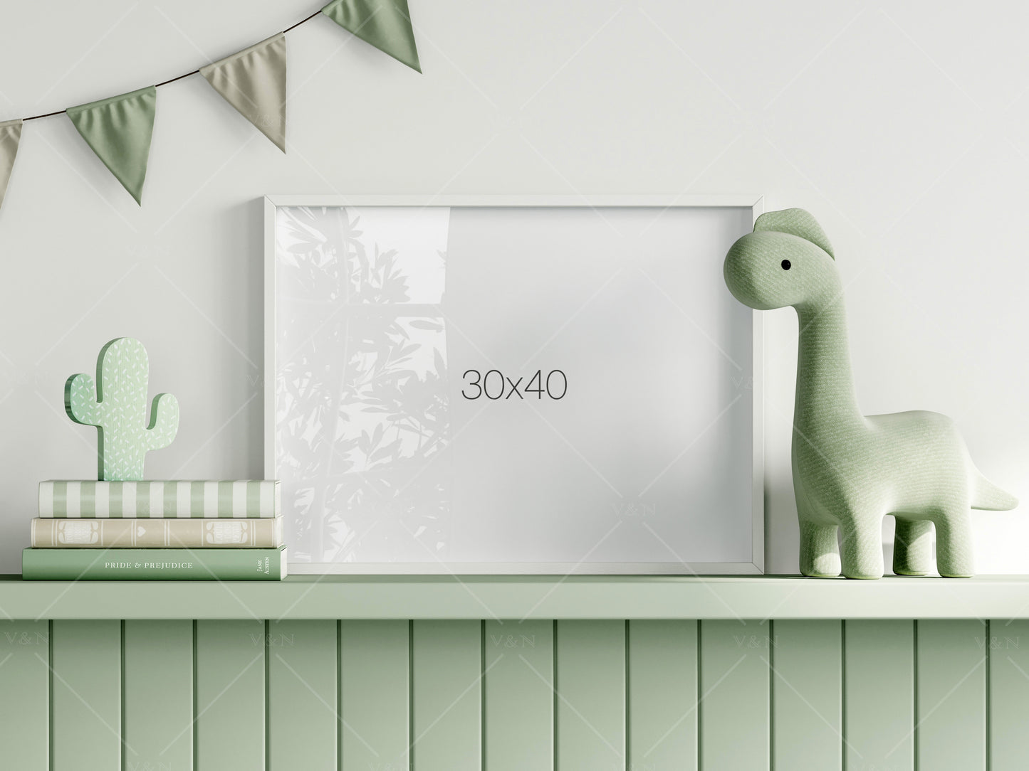 Frame Mockup in Green Kids Room Interior with Dinosaur, Frame Nursery Interior Wall Mockup, Minimalist Nursery Frame Mockup