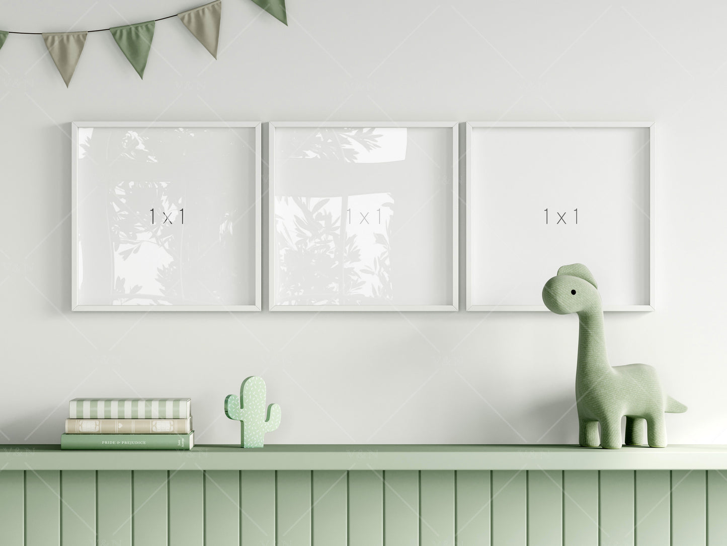 Frame Mockup in Green Kids Room Interior with Dinosaur, Frame Nursery Interior Wall Mockup, Minimalist Nursery Frame Mockup