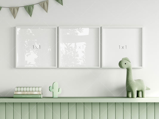Frame Mockup in Green Kids Room Interior with Dinosaur, Frame Nursery Interior Wall Mockup, Minimalist Nursery Frame Mockup