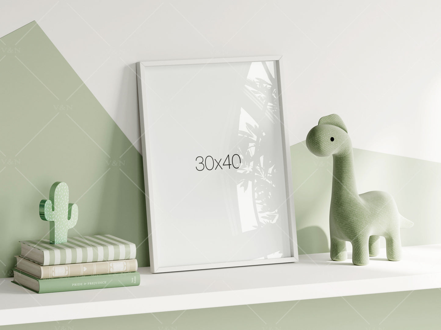 Frame Mockup in Green Kids Room Interior with Dinosaur, Frame Nursery Interior Wall Mockup, Minimalist Nursery Frame Mockup