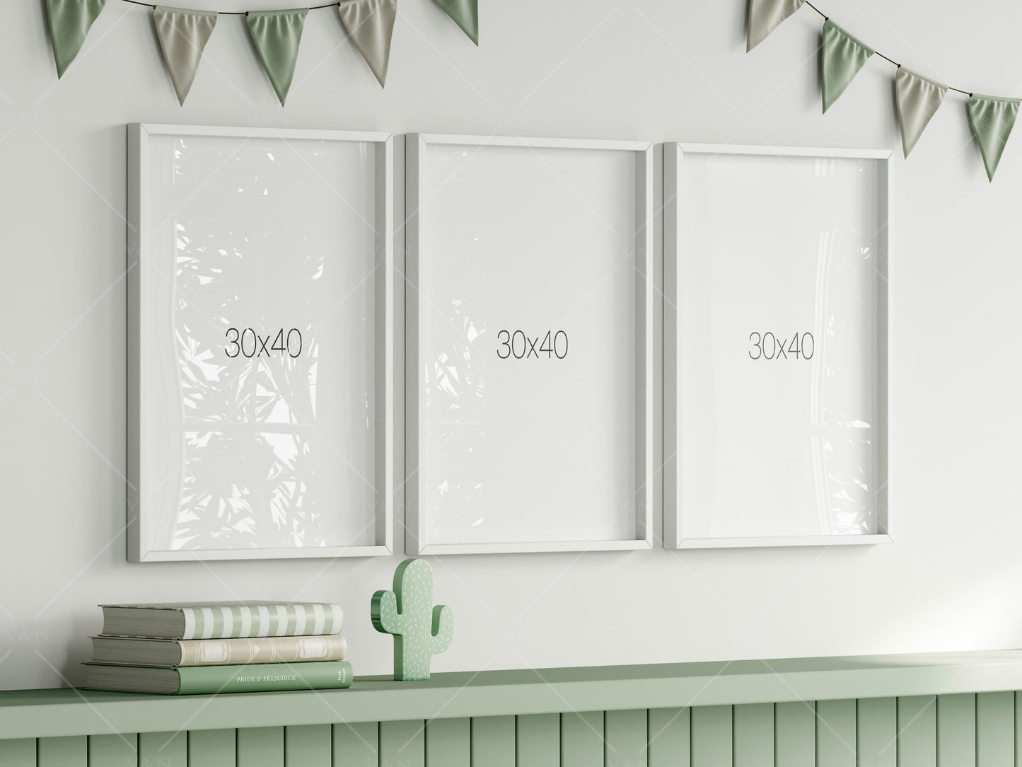 Frame Mockup in Green Kids Room Interior with Dinosaur, Frame Nursery Interior Wall Mockup, Minimalist Nursery Frame Mockup