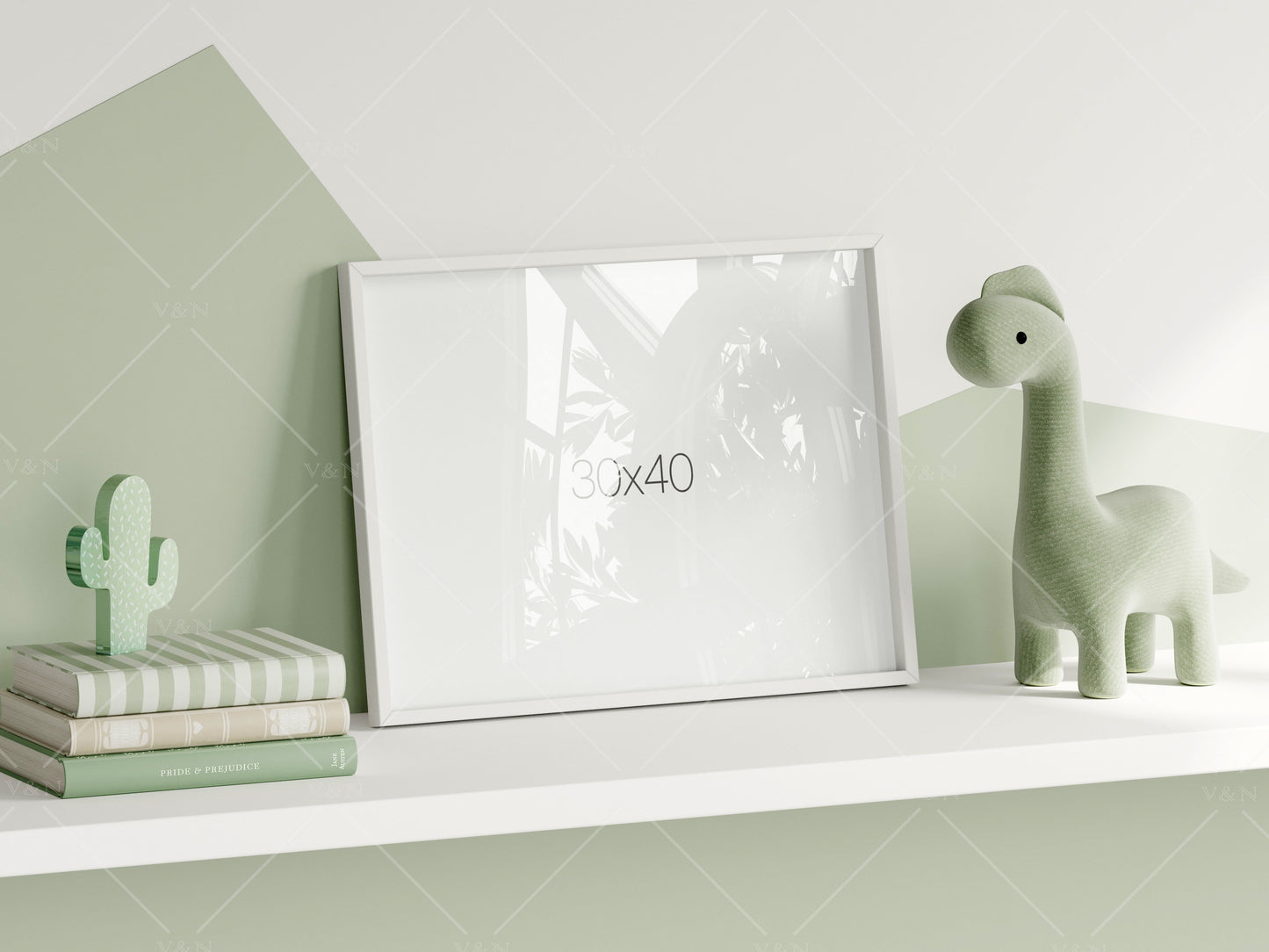 Frame Mockup in Green Kids Room Interior with Dinosaur, Frame Nursery Interior Wall Mockup, Minimalist Nursery Frame Mockup