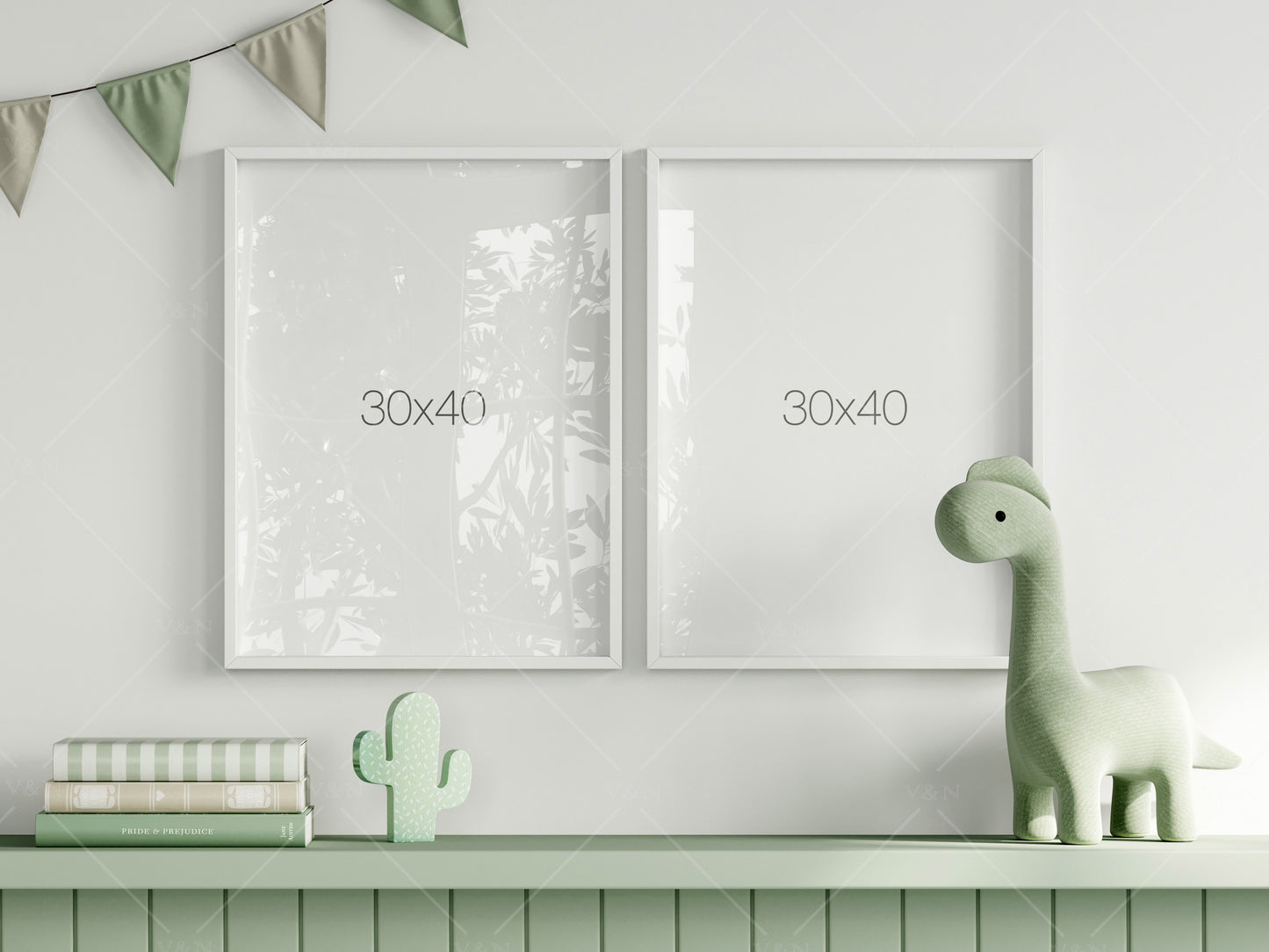 Frame Mockup in Green Kids Room Interior with Dinosaur, Frame Nursery Interior Wall Mockup, Minimalist Nursery Frame Mockup