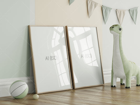 Frame Mockup in Modern Kids Room for Dinosaur prints, Portrait Frame Nursery Interior Wall Mockup, Minimalist Nursery Frame Mockup