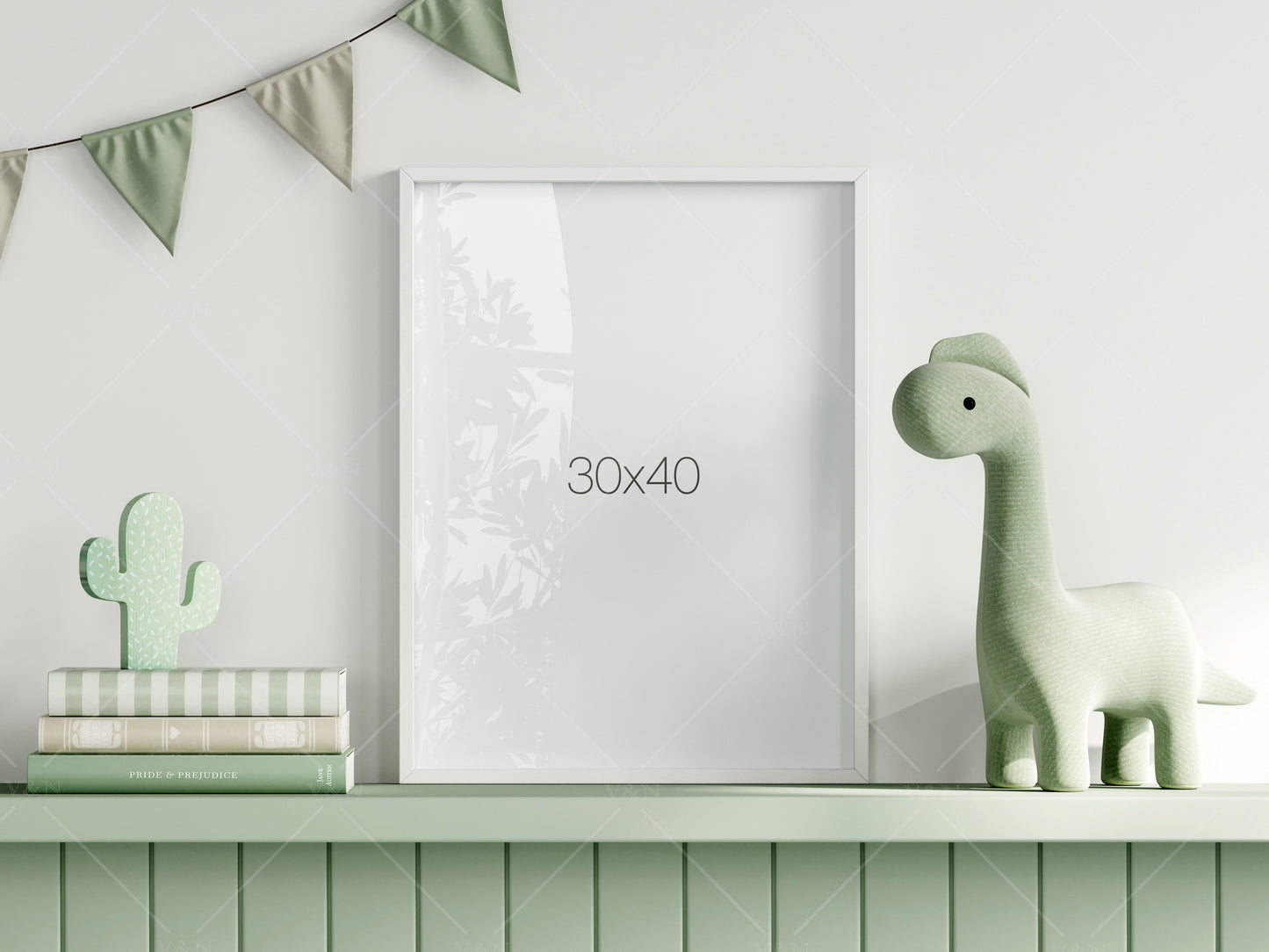 Frame Mockup in Green Kids Room Interior with Dinosaur, Frame Nursery Interior Wall Mockup, Minimalist Nursery Frame Mockup