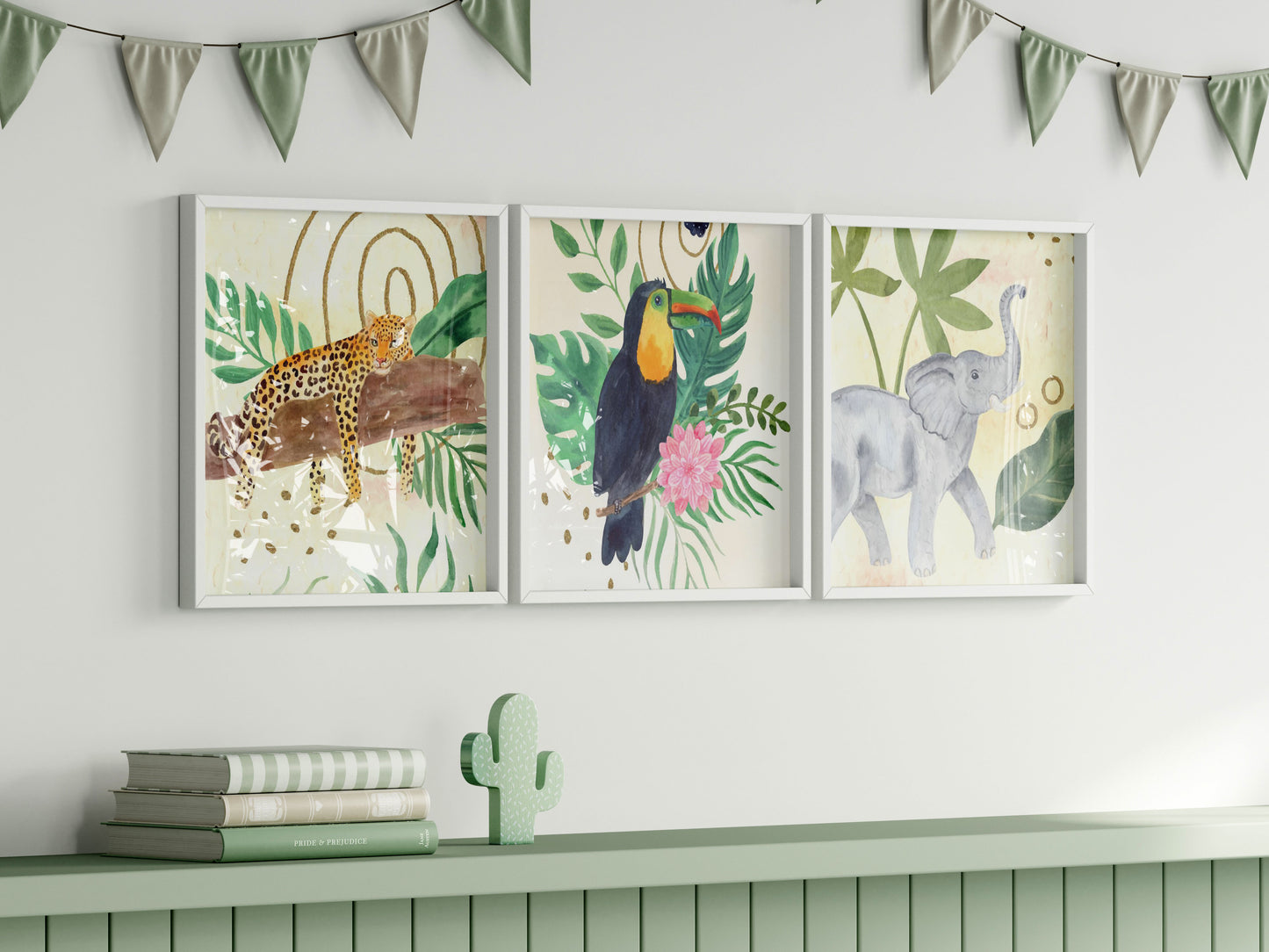 Frame Mockup in Green Kids Room Interior with Dinosaur, Frame Nursery Interior Wall Mockup, Minimalist Nursery Frame Mockup