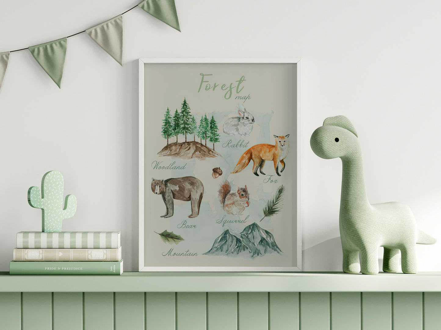 Frame Mockup in Green Kids Room Interior with Dinosaur, Frame Nursery Interior Wall Mockup, Minimalist Nursery Frame Mockup