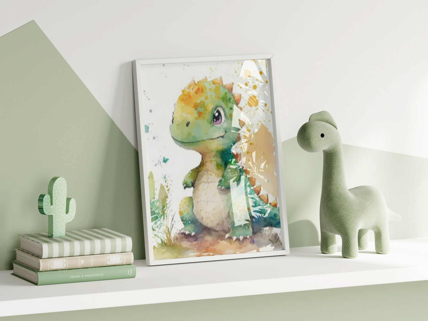 Frame Mockup in Green Kids Room Interior with Dinosaur, Frame Nursery Interior Wall Mockup, Minimalist Nursery Frame Mockup