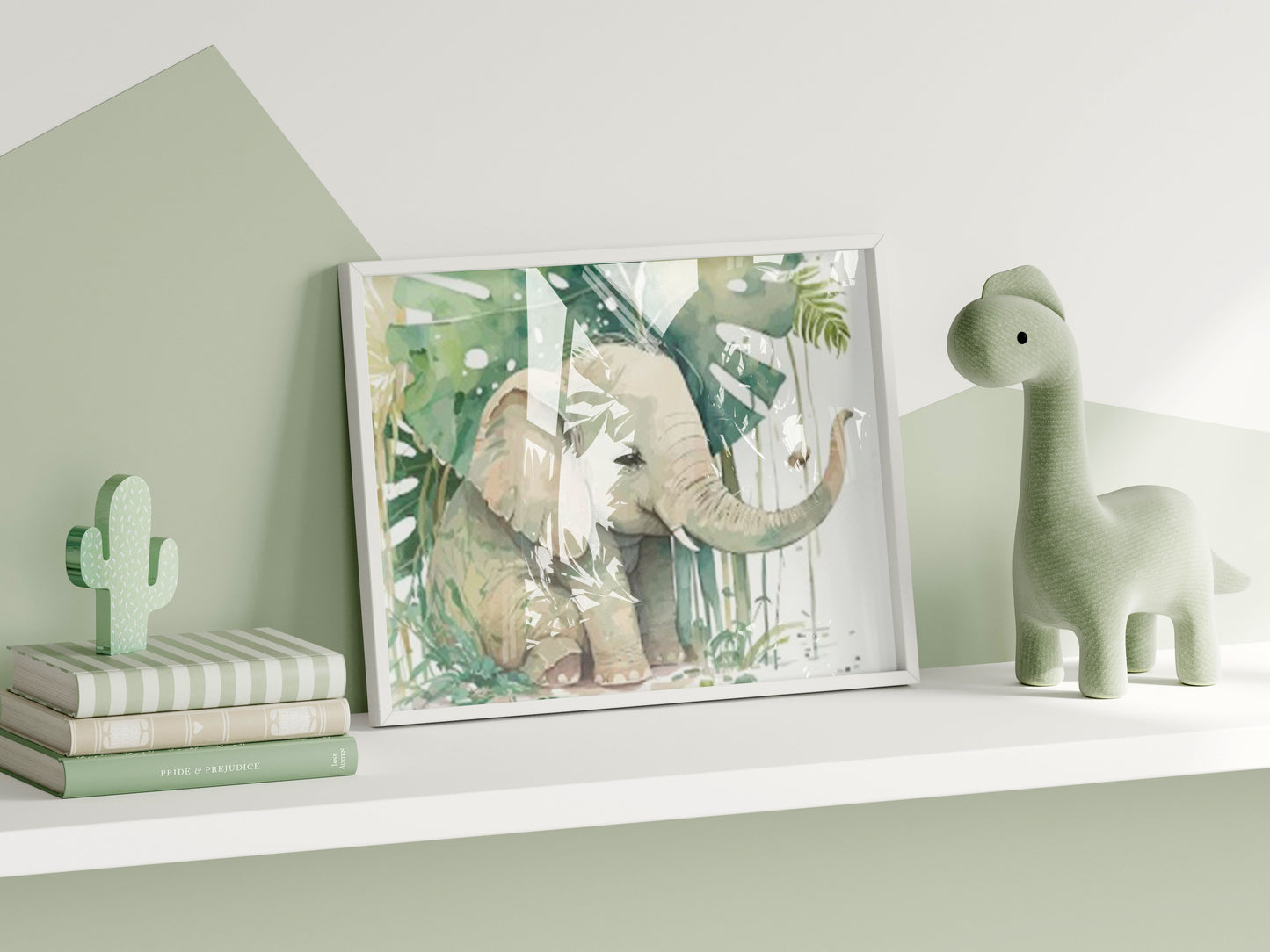 Frame Mockup in Green Kids Room Interior with Dinosaur, Frame Nursery Interior Wall Mockup, Minimalist Nursery Frame Mockup