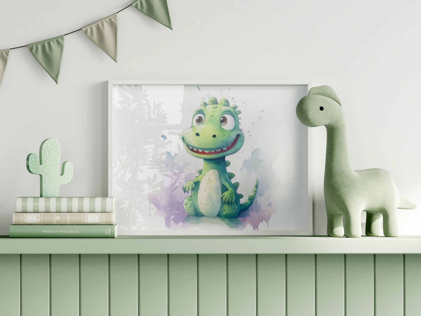 Frame Mockup in Green Kids Room Interior with Dinosaur, Frame Nursery Interior Wall Mockup, Minimalist Nursery Frame Mockup