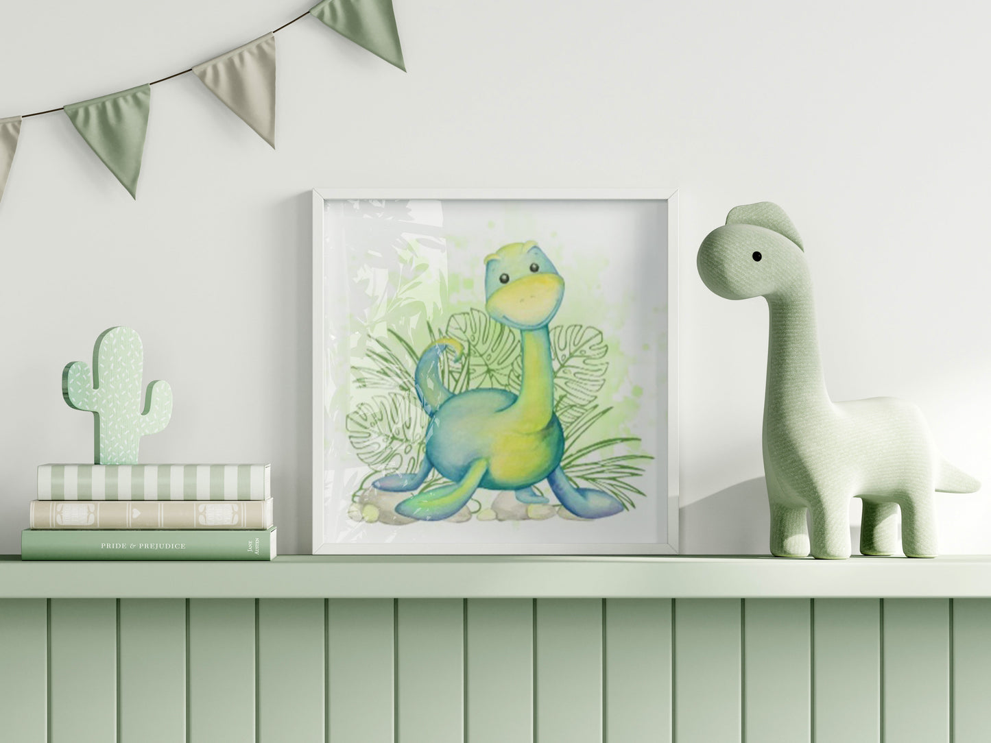 Square Frame Mockup in Green Kids Room Interior with Dinosaur, Frame Nursery Interior Wall Mockup, Minimalist Nursery Frame Mockup