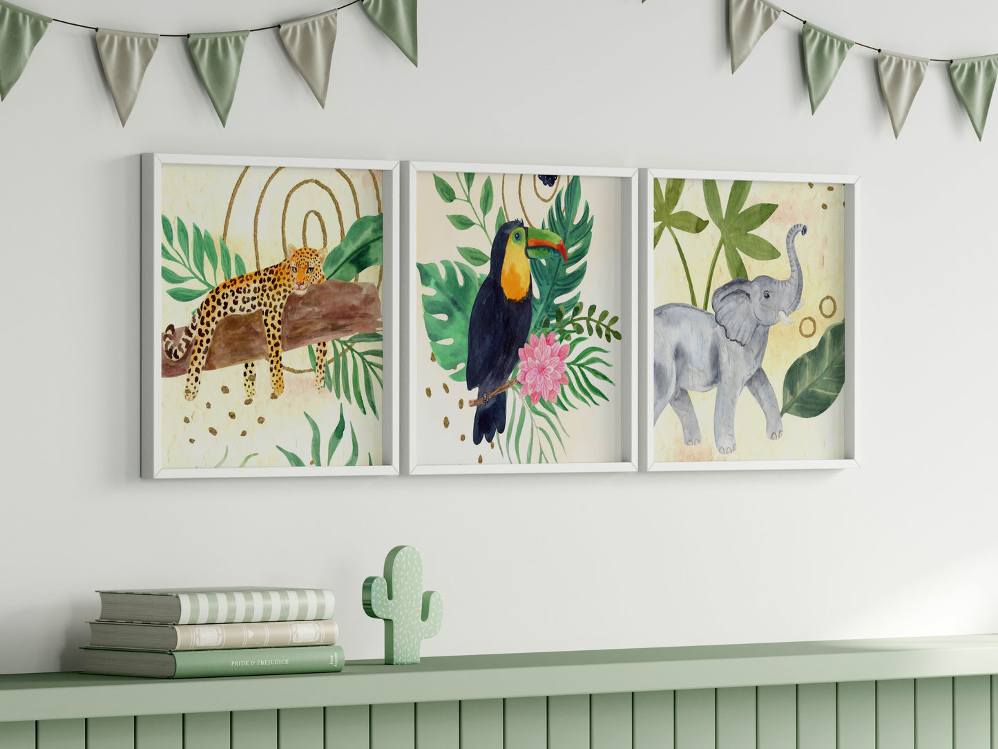 Frame Mockup in Green Kids Room Interior with Dinosaur, Frame Nursery Interior Wall Mockup, Minimalist Nursery Frame Mockup