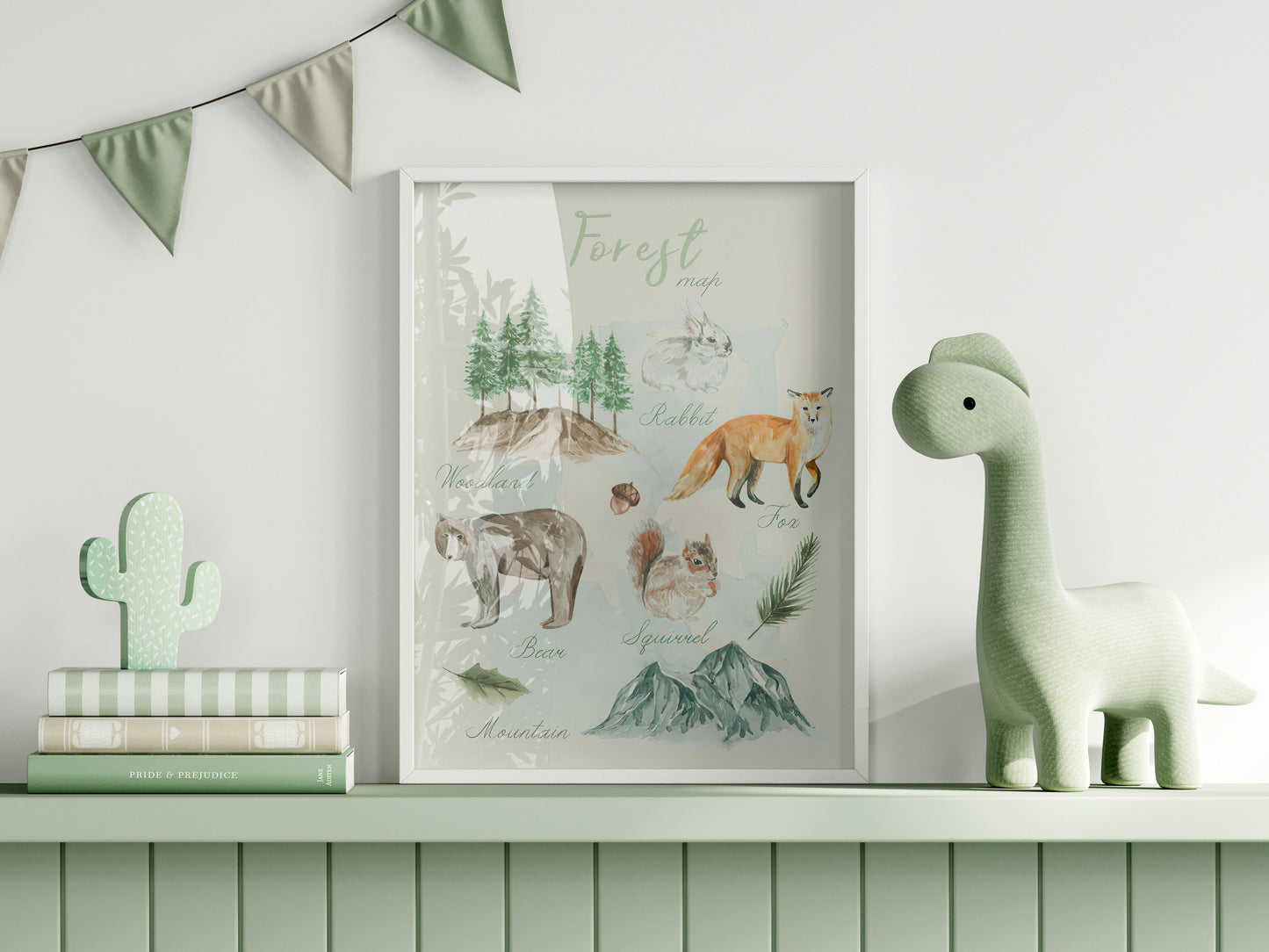 Frame Mockup in Green Kids Room Interior with Dinosaur, Frame Nursery Interior Wall Mockup, Minimalist Nursery Frame Mockup