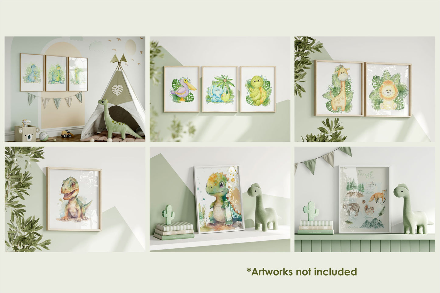 Nursery / Kids Room Frame Mockup Bundle, Green Interior, Dinosaur prints, Animals prints, Tropical Prints, Forest prints, PSD JPG