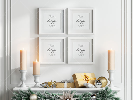 Christmas Gallery Frame Mockup, Square Frame Mockup, White Frames Mockup, Frame Mockup Christmas, PSD JPG PNG