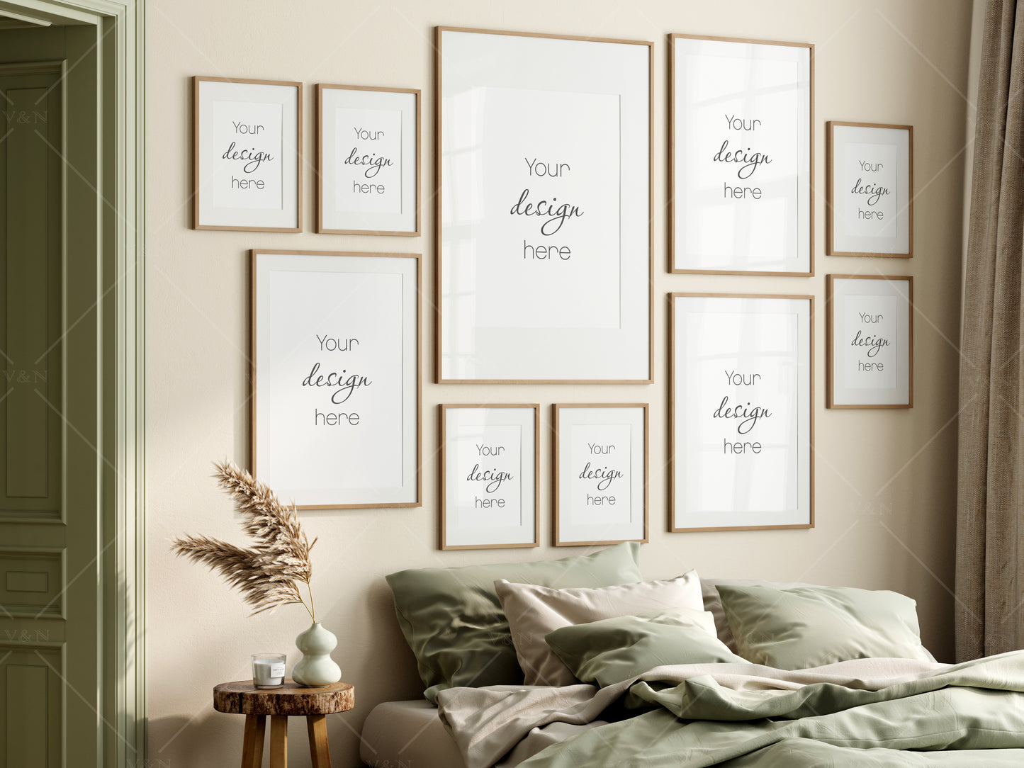 Frame Mockup Bedroom, Gallery Wall Mockup in Bedroom Interior, Poster Mockup, PSD JPG