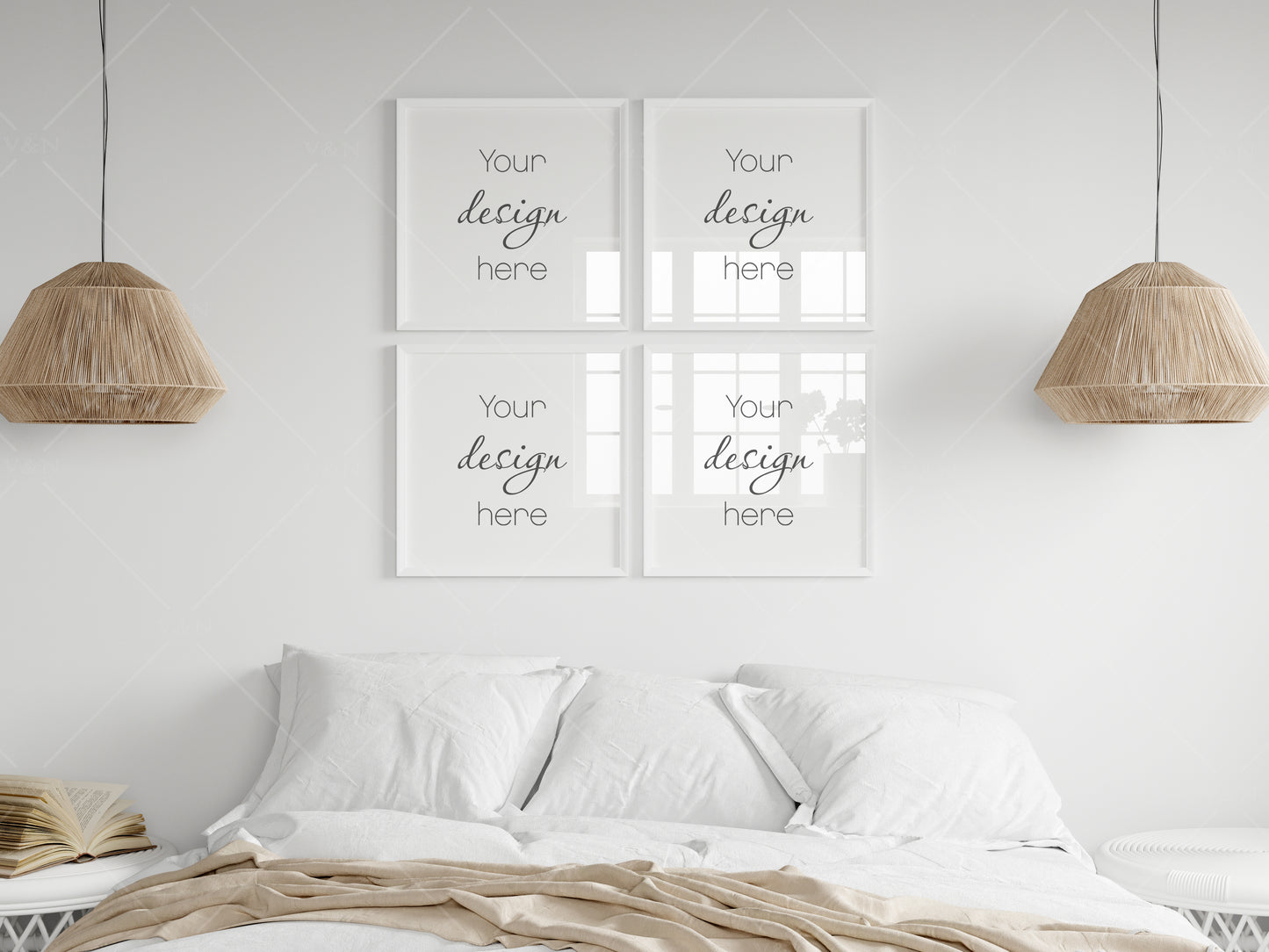 Frame Mockup in Boho Bedroom Interior, Poster Mockup, PSD JPG PNG