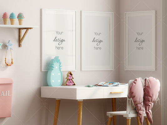 Girl Room Frame Mockup, Frame Mockup Kids Room, Gallery Wall Mockup in Modern Kids Room Interior