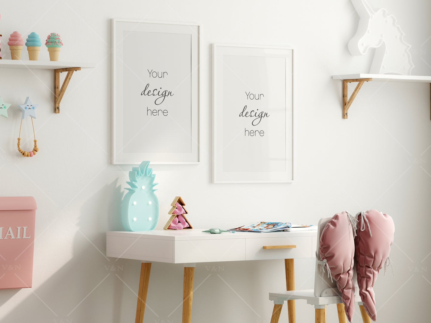 Girl Room Frame Mockup, Frame Mockup Kids Room, Gallery Wall Mockup in Modern Kids Room Interior