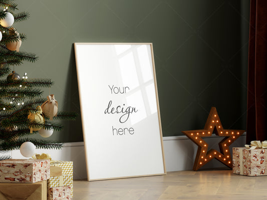 Christmas Frame Mockup A2, Vertical Frame with Christmas Tree and gifts, PSD JPG