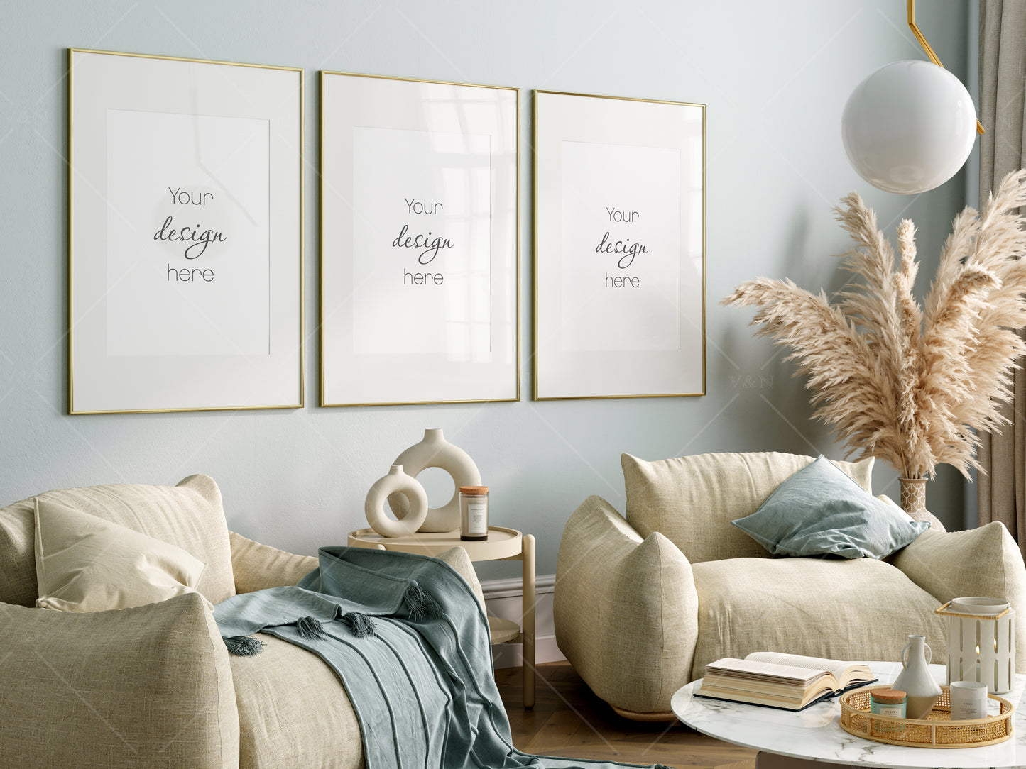 Poster Mockup, Three Wood Frames Mockup in Cozy Living Room Interior, Living Room Frame Mockup, Interior Mockup, Gallery Wall Mockup