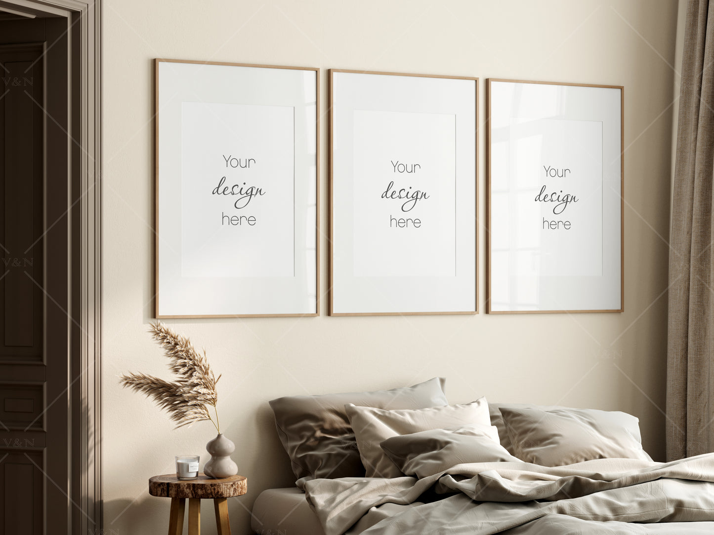 Frame Mockup in Boho Bedroom Interior, Poster Mockup, PSD JPG