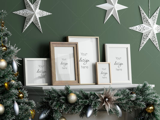 Christmas Gallery Frame Mockup, White Frames Mockup, Frame Mockup Christmas, PSD JPG