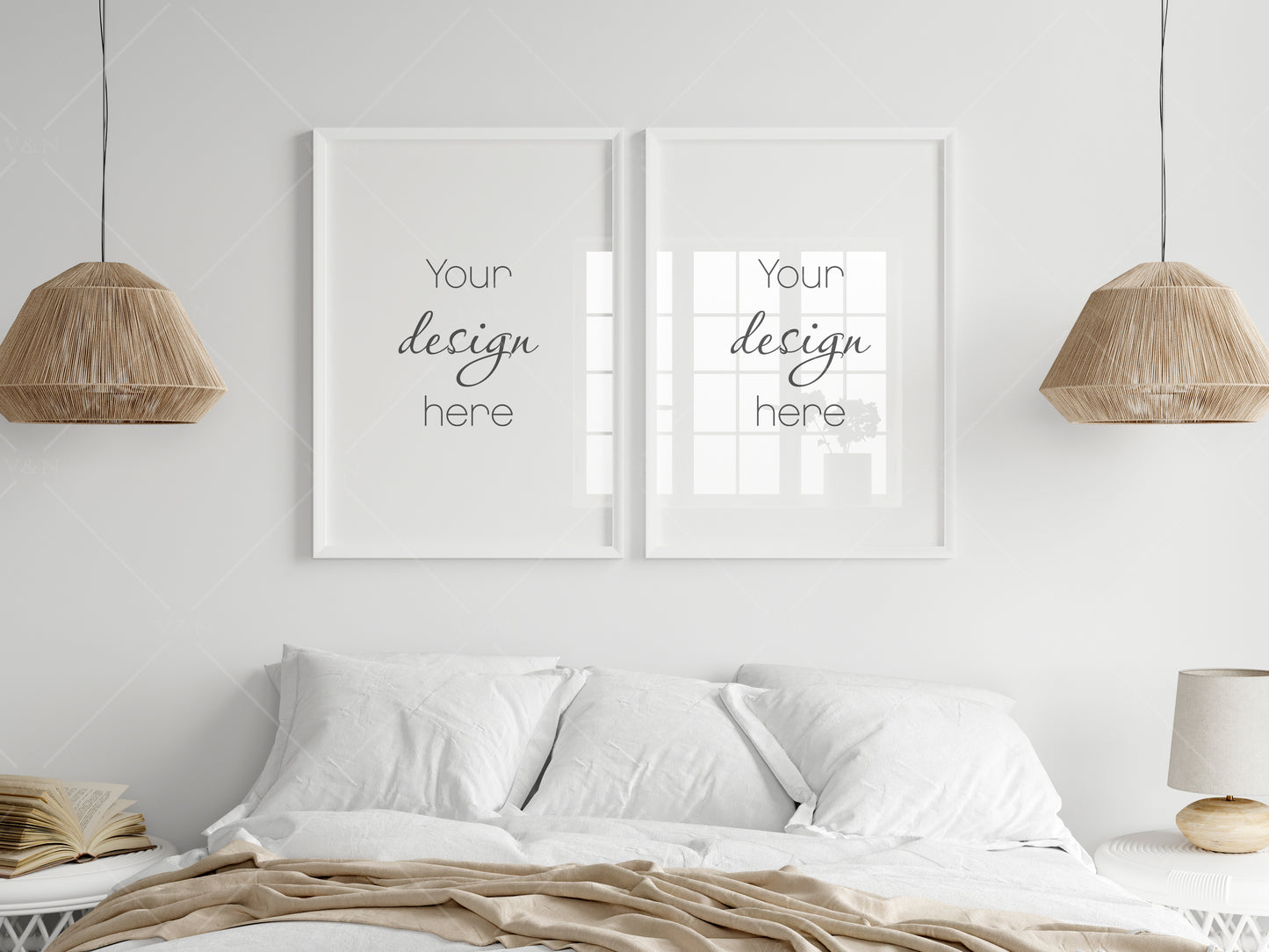 Frame Mockup in Boho Bedroom Interior, Poster Mockup, PSD JPG