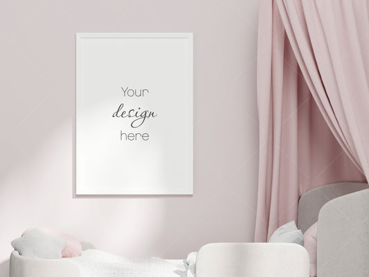 Kids Room Frame Mockup, Girl Room Frame Mockup, Portrait Frame Nursery Interior Wall Mockup, Minimalist Nursery Frame Mockup