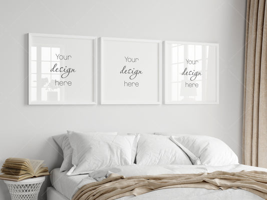 Boho Bedroom Frame Mockup, Gallery Frame Mockup in Bedroom Interior, Poster Mockup, PSD JPG