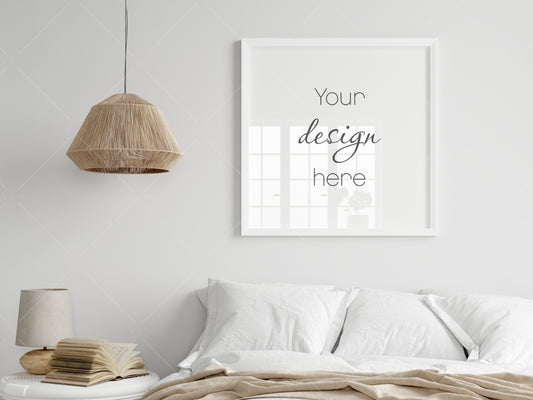 Square Frame Mockup in Modern Bedroom Interior, Poster Mockup, PSD JPG PNG