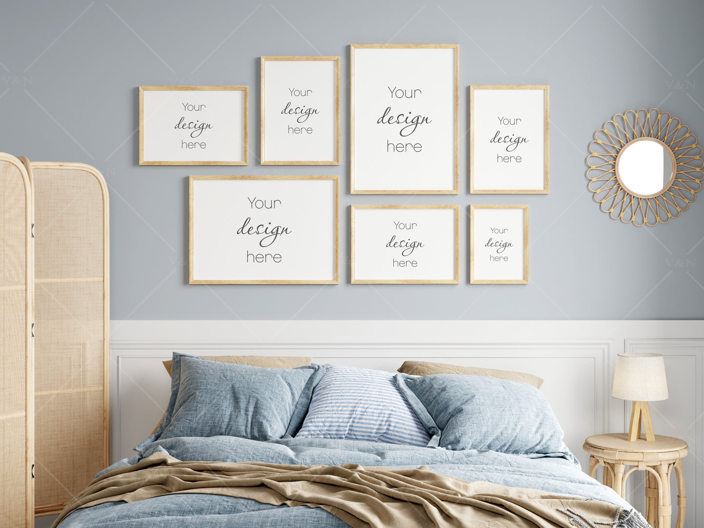 Bedroom Frame Mockup, Gallery Frame Mockup in Bedroom Interior, Poster Mockup, PSD JPG