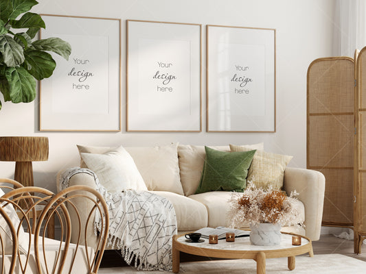 Poster Mockup, Three Wood Frames Mockup in Cozy Living Room Interior, Living Room Frame Mockup, Interior Mockup, Gallery Wall Mockup