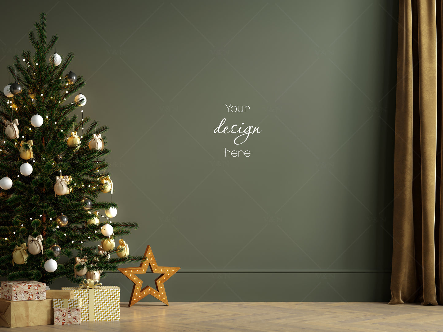 Christmas Interior Mockup, Empty Wall Mockup With Christmas Tree, Blank Wall Mockup, Living Room Wall Mockup, Wall Mockup