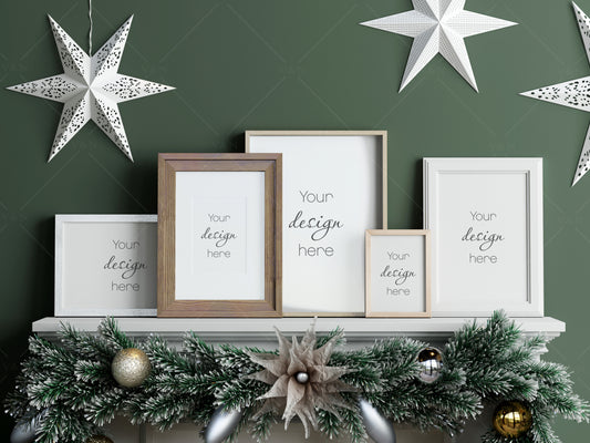 Christmas Gallery Frame Mockup, White Frames Mockup, Frame Mockup Christmas, PSD JPG