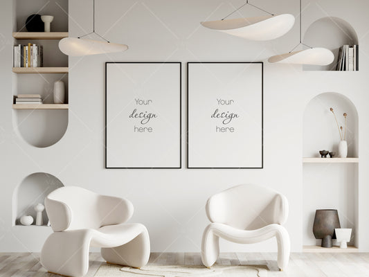 Two Posters Mockup, Frame Mockup in Modern Interior Room, PSD JPG