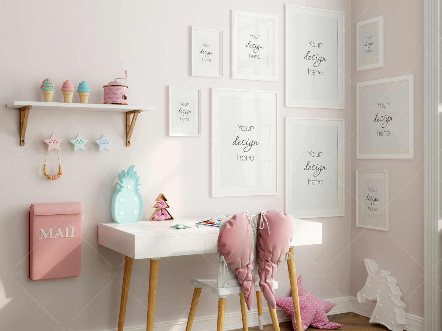 Frame Mockup Kids Room, Girl Room Frame Mockup, Gallery Wall Mockup in Modern Kids Room Interior