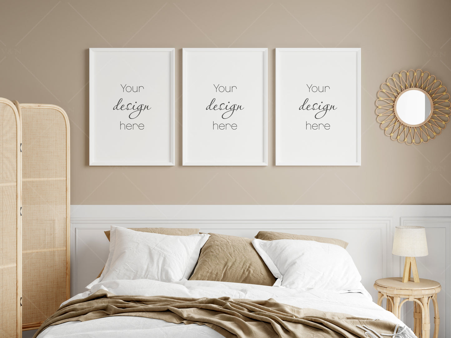 Frame Mockup in Boho Bedroom Interior, Poster Mockup, PSD JPG