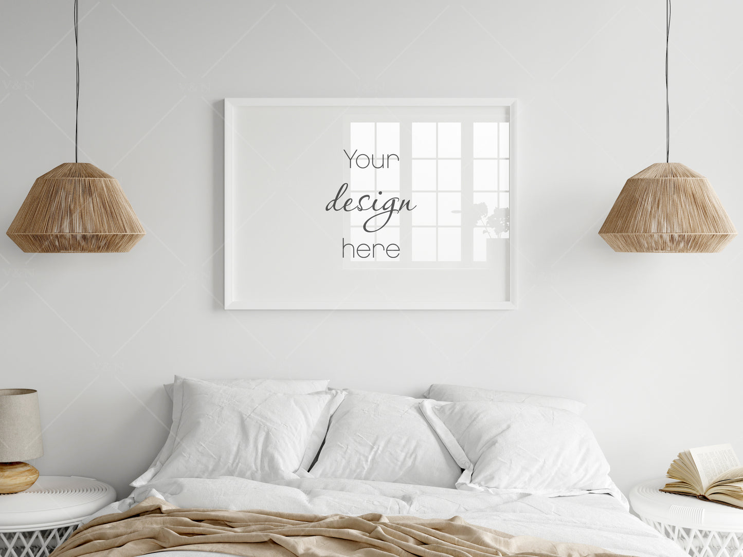 Horizontal Frame Mockup in Boho Bedroom Interior, Poster Mockup, PSD JPG PNG